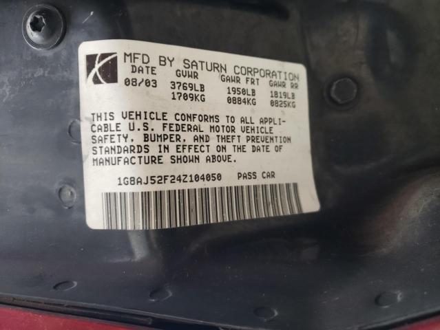 1G8AJ52F24Z104050 - 2004 SATURN ION LEVEL RED photo 10