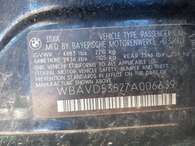 WBAVD53527A006639 - 2007 BMW 335 XI BLACK photo 10