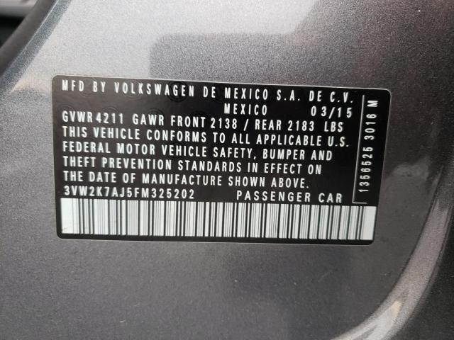 3VW2K7AJ5FM325202 - 2015 VOLKSWAGEN JETTA BASE 灰色 照片 10