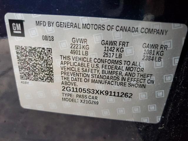 2G1105S3XK9111262 - 2019 CHEVROLET IMPALA PRE ლურჯი ფოტო 10