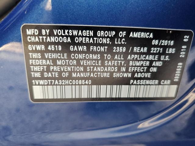 1VWDT7A32HC008540 - 2017 VOLKSWAGEN PASSAT R-L BLUE photo 10