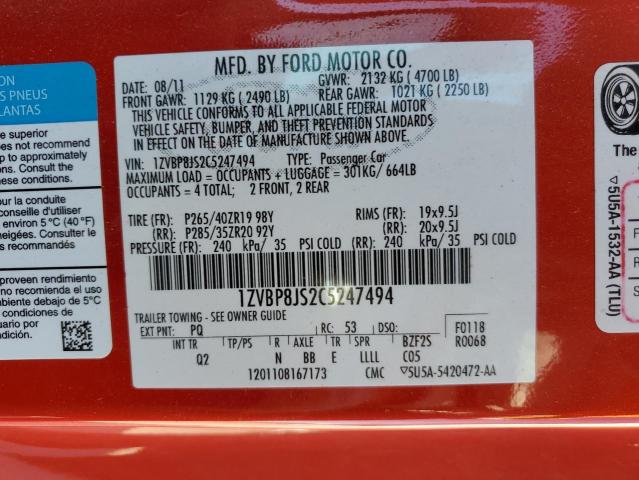 1ZVBP8JS2C5247494 - 2012 FORD MUSTANG SH RED photo 10