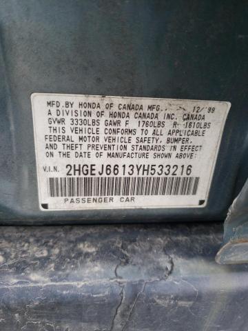 2HGEJ6613YH533216 - 2000 HONDA CIVIC BASE BLUE photo 10