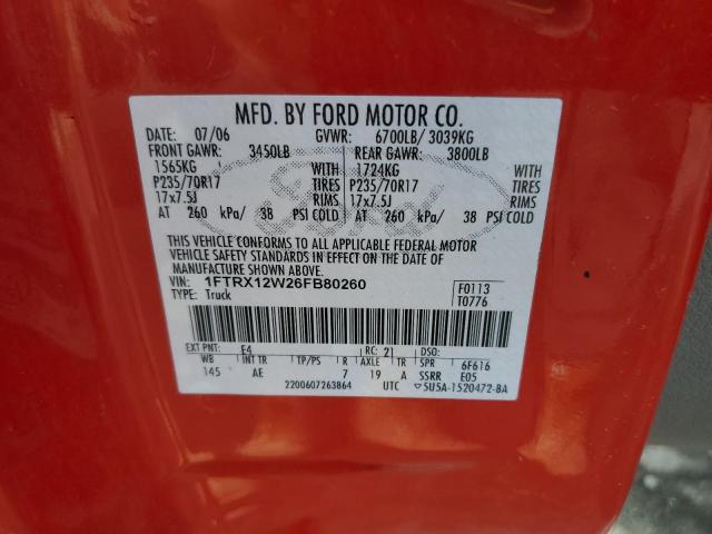 1FTRX12W26FB80260 - 2006 FORD F-150 RED photo 10