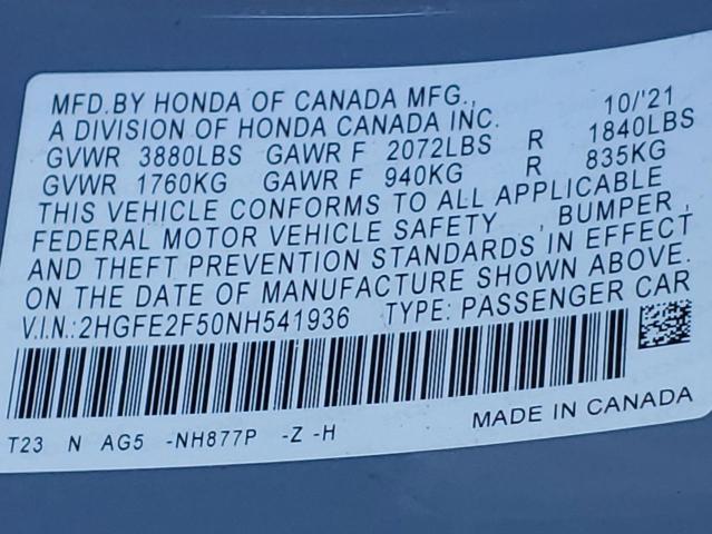 2HGFE2F50NH541936 - 2022 HONDA CIVIC SPOR 灰色 照片 10