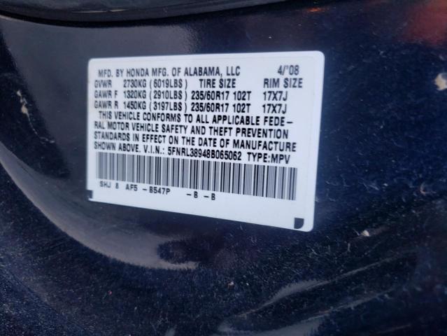 5FNRL38948B065062 - 2008 HONDA ODYSSEY TO BLUE photo 10