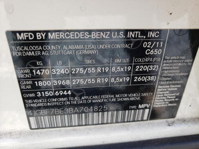 4JGBF7BE3BA704825 - 2011 MERCEDES-BENZ GL 450 4MA WHITE photo 10