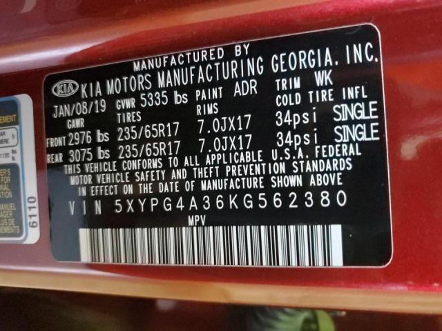 5XYPG4A36KG562380 - 2019 KIA SORENTO L RED photo 10