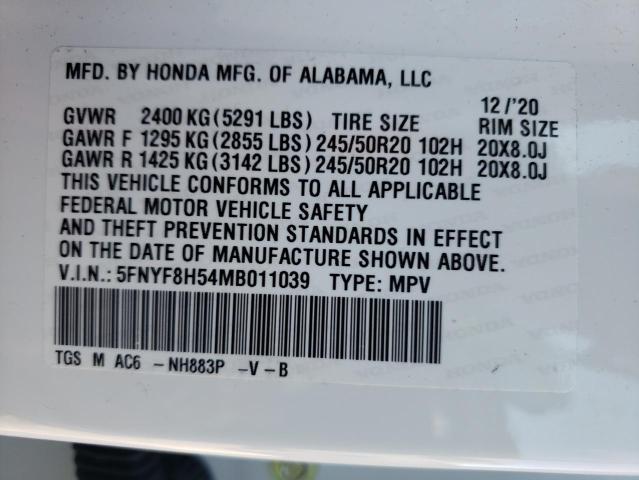 5FNYF8H54MB011039 - 2021 HONDA PASSPORT E 白色 照片 10