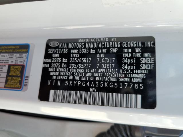 5XYPG4A35KG517785 - 2019 KIA SORENTO L WHITE photo 10