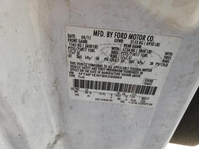 1FTMF1EM7BKD50993 - 2011 FORD F150 WHITE photo 10