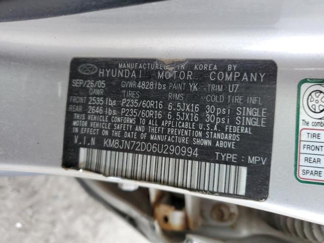 KM8JN72D06U290994 - 2006 HYUNDAI TUCSON SILVER photo 10