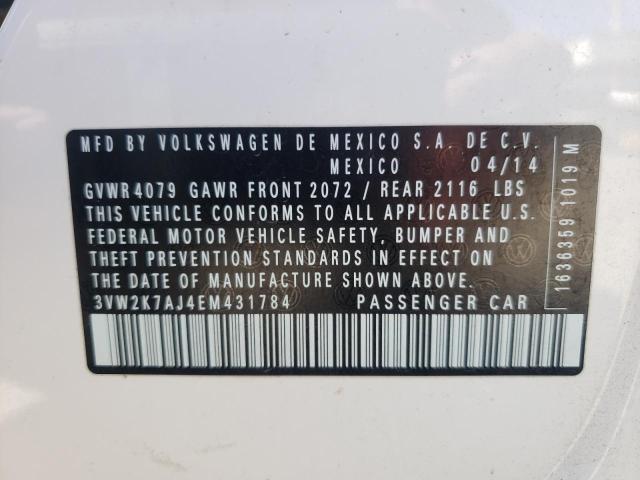 3VW2K7AJ4EM431784 - 2014 VOLKSWAGEN JETTA BASE 白色 照片 10