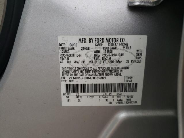 2FMDK3JC8ABB39861 - 2010 FORD EDGE SEL SILVER photo 10