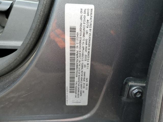 3VW2K7AJ0BM379128 - 2011 VOLKSWAGEN JETTA BASE GRAY photo 10