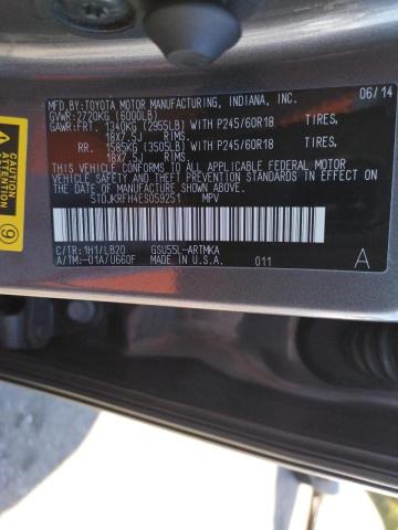 5TDJKRFH4ES059251 - 2014 TOYOTA HIGHLANDER GRAY photo 10