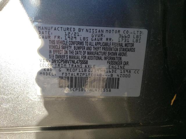 3N1CP5BV7NL475558 - 2022 NISSAN KICKS S GRAY photo 10