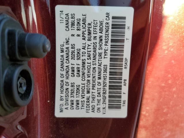 2HGFB2F92FH513603 - 2015 HONDA CIVIC EXL Bordo foto 10
