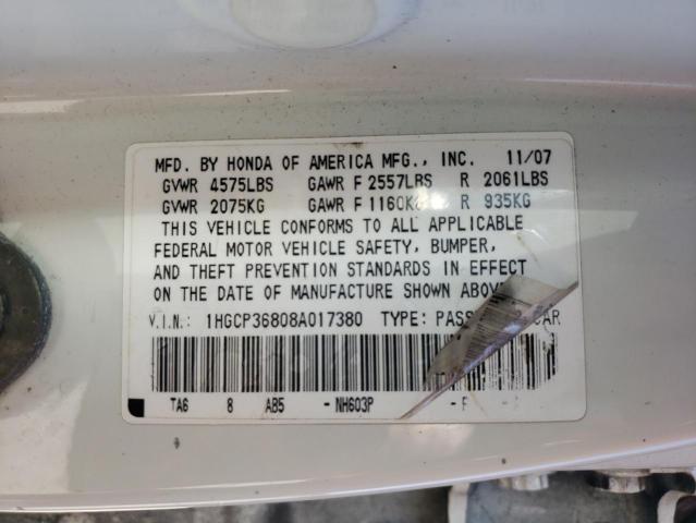 1HGCP36808A017380 - 2008 HONDA ACCORD EXL WHITE photo 10