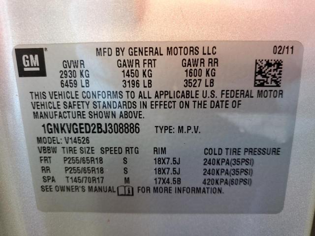 1GNKVGED2BJ308886 - 2011 CHEVROLET TRAVERSE L SILVER photo 10