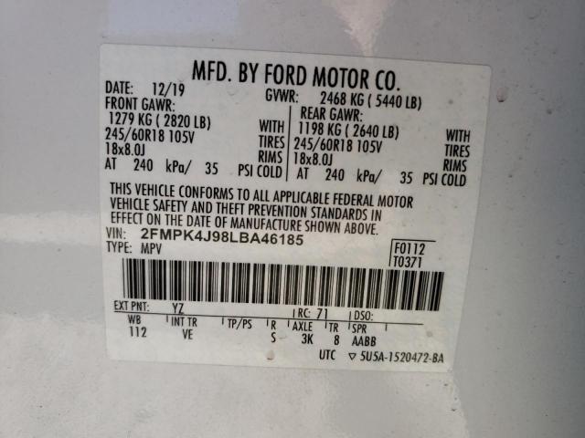 2FMPK4J98LBA46185 - 2020 FORD EDGE SEL WHITE photo 10