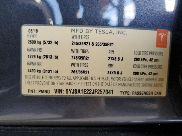 5YJSA1E22JF257041 - 2018 TESLA MODEL S Gris foto 10