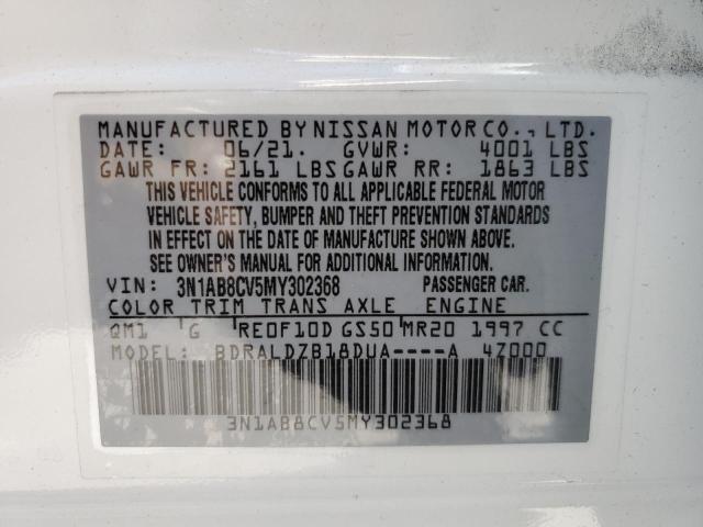 3N1AB8CV5MY302368 - 2021 NISSAN SENTRA SV WHITE photo 10