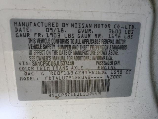 3N1CP5CU6JL537449 - 2018 NISSAN KICKS S WHITE photo 10