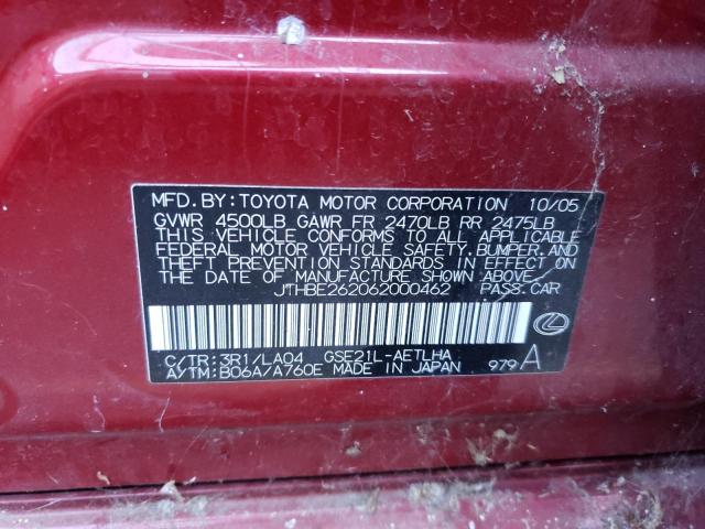 JTHBE262062000462 - 2006 LEXUS IS 350 BURGUNDY photo 10