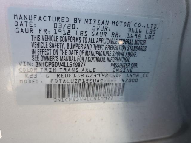 3N1CP5DV4LL519977 - 2020 NISSAN KICKS SR SILVER photo 10