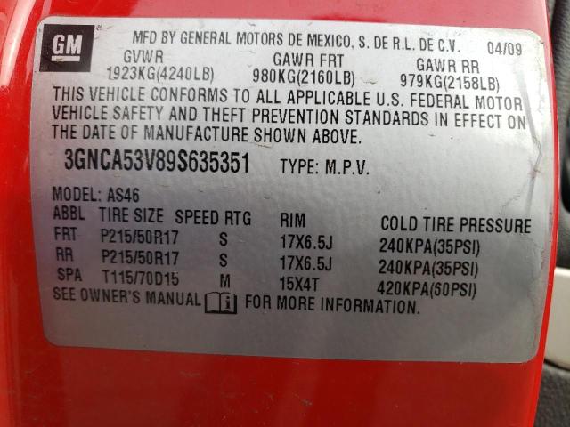 3GNCA53V89S635351 - 2009 CHEVROLET HHR LT RED photo 10