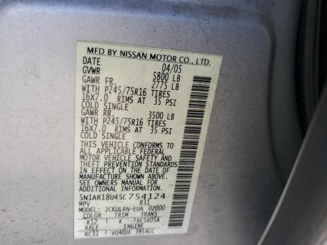 5N1AR18U45C754124 - 2005 NISSAN PATHFINDER GRAY photo 10