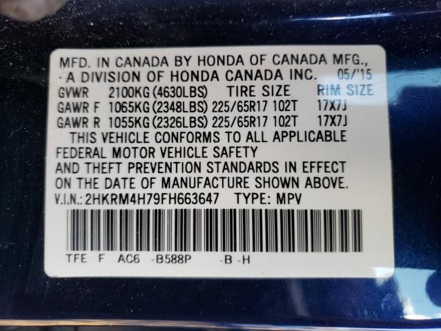 2HKRM4H79FH663647 - 2015 HONDA CR-V EXL BLUE photo 10