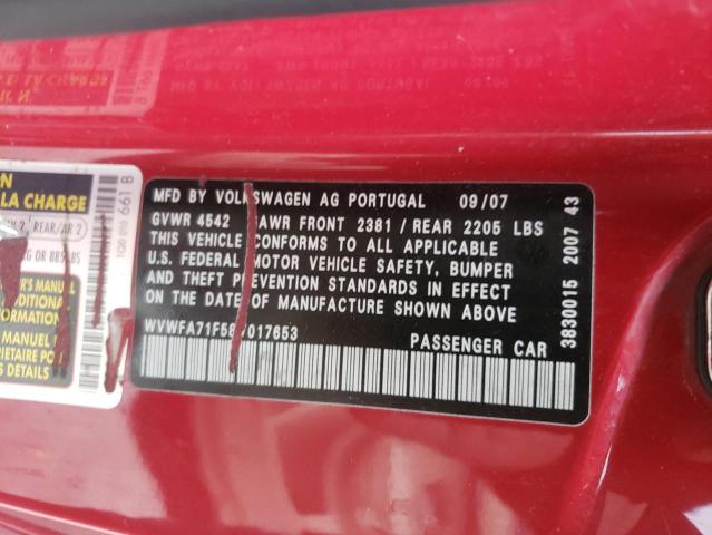 WVWFA71F58V017653 - 2008 VOLKSWAGEN EOS LUX Червоний фото 10