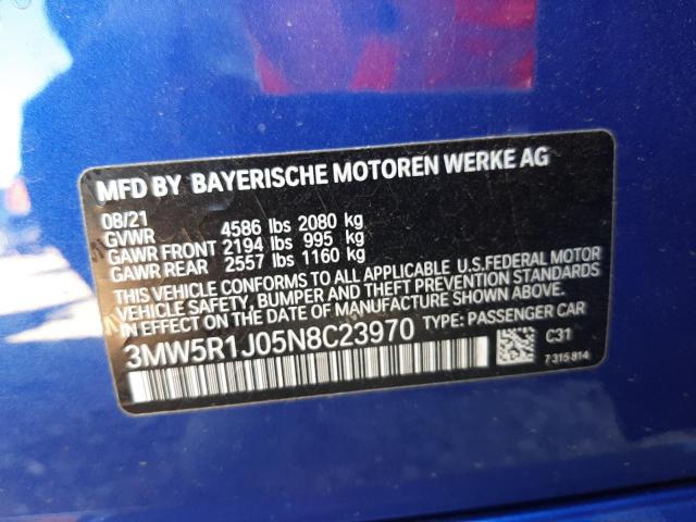 3MW5R1J05N8C23970 - 2022 BMW 330I BLUE photo 10