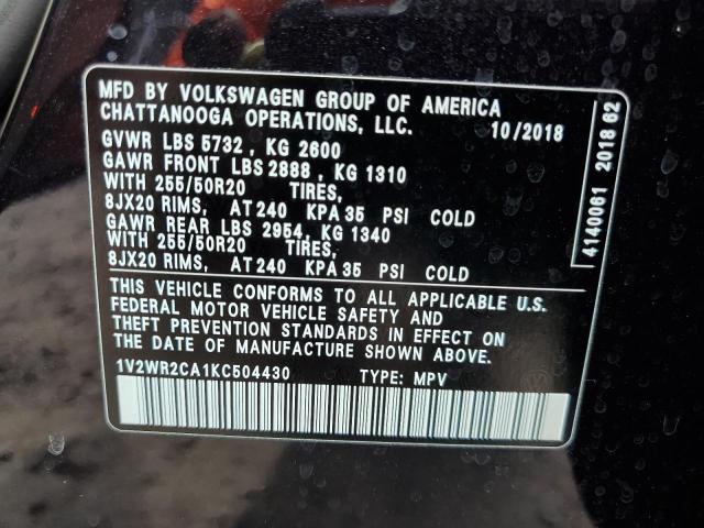 1V2WR2CA1KC504430 - 2019 VOLKSWAGEN ATLAS SE BLACK photo 10