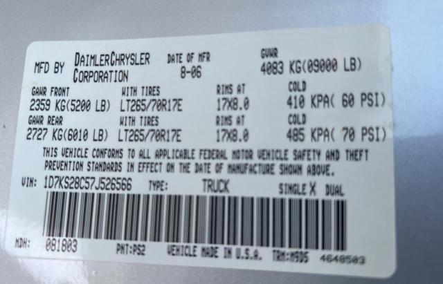 1D7KS28C57J526566 - 2007 DODGE RAM 2500 S SILVER photo 10