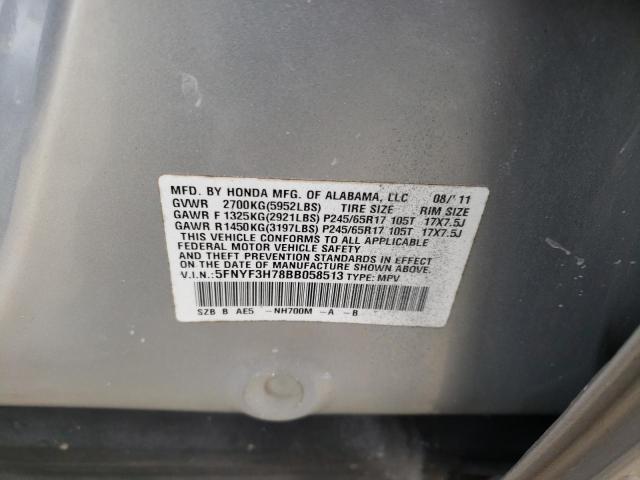 5FNYF3H78BB058513 - 2011 HONDA PILOT EXLN SILVER photo 10