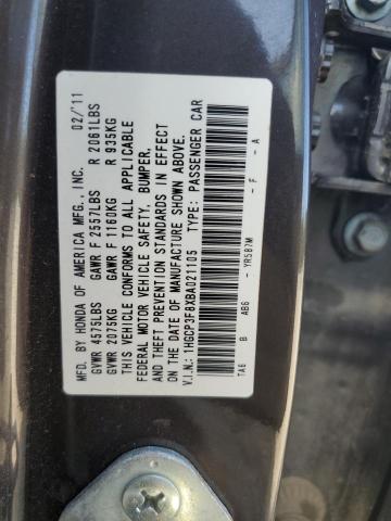 1HGCP3F8XBA021105 - 2011 HONDA ACCORD EXL GRAY photo 10