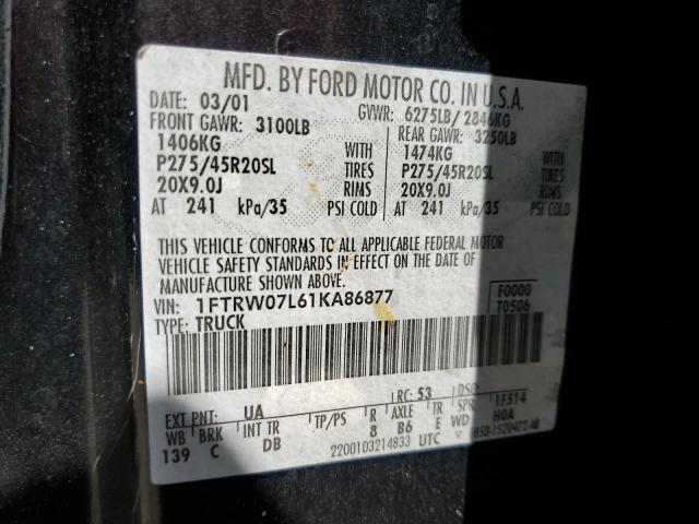 1FTRW07L61KA86877 - 2001 FORD F-150 SUPE BLACK photo 10