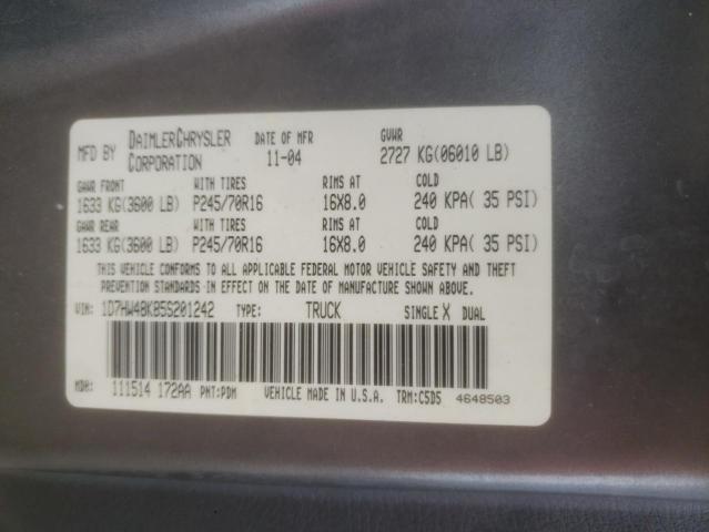 1D7HW48K85S201242 - 2005 DODGE DAKOTA QUA GRAY photo 10