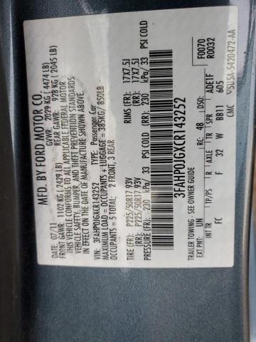 3FAHP0JGXCR143252 - 2012 FORD FUSION SEL BLUE photo 10