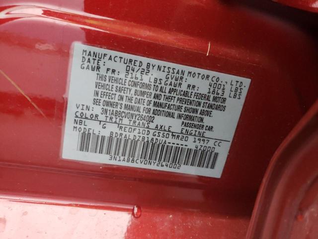 3N1AB8CV0NY264002 - 2022 NISSAN SENTRA SV RED photo 10