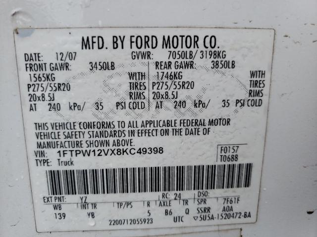 1FTPW12VX8KC49398 - 2008 FORD F-150 WHITE photo 10