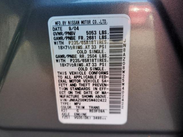 JN8AZ08W25W402422 - 2004 NISSAN MURANO SILVER photo 10