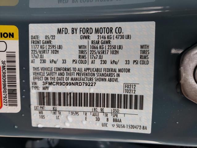 3FMCR9D99NRD79227 - 2022 FORD BRONCO SPO BLUE photo 10