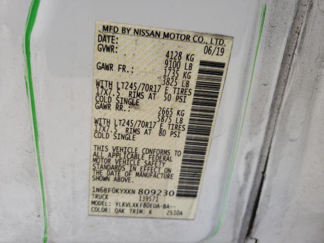 1N6BF0KYXKN809230 - 2019 NISSAN NV 2500 S WHITE photo 10