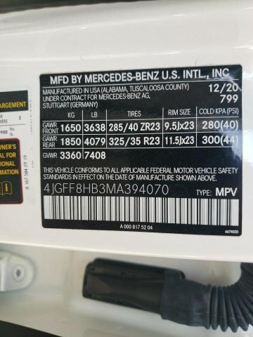 4JGFF8HB3MA394070 - 2021 MERCEDES-BENZ GLS MERCED WHITE photo 10