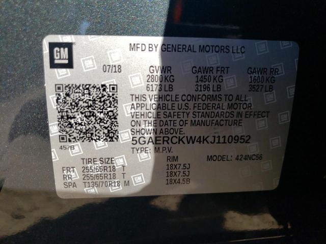 5GAERCKW4KJ110952 - 2019 BUICK ENCLAVE PR GRAY photo 10