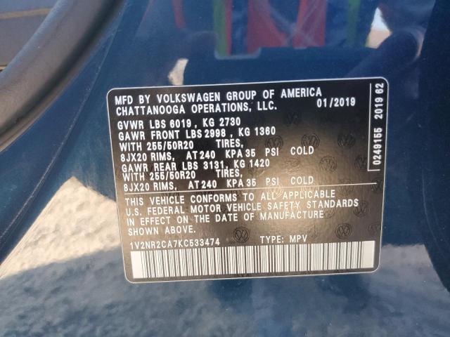 1V2NR2CA7KC533474 - 2019 VOLKSWAGEN ATLAS SEL Mavi foto 10